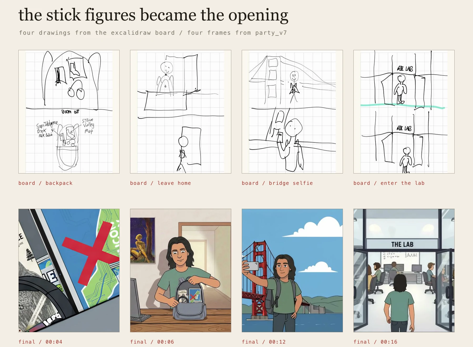 four rough storyboard drawings for the backpack, leaving home, golden gate selfie, and lab entrance above their matching finished frames